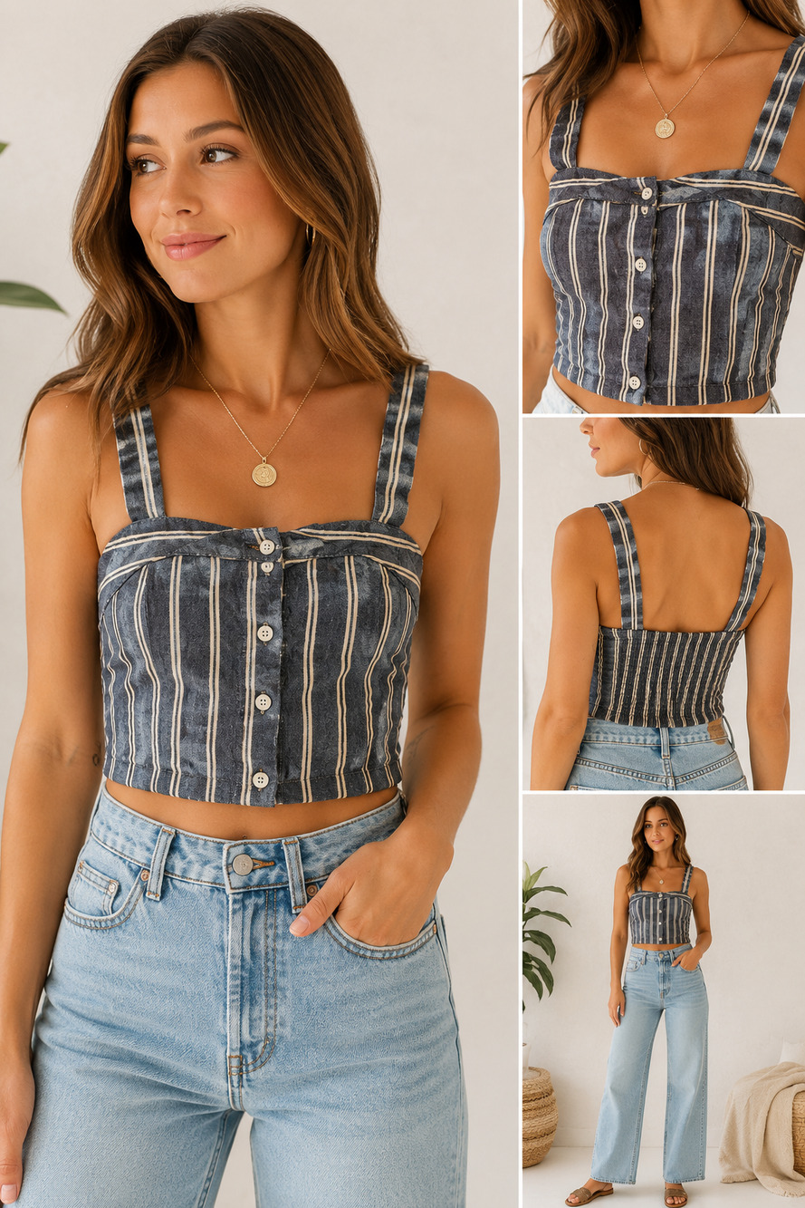 Brandy Melville Striped Stretchy Cotton Button Front Cropped Tank Top